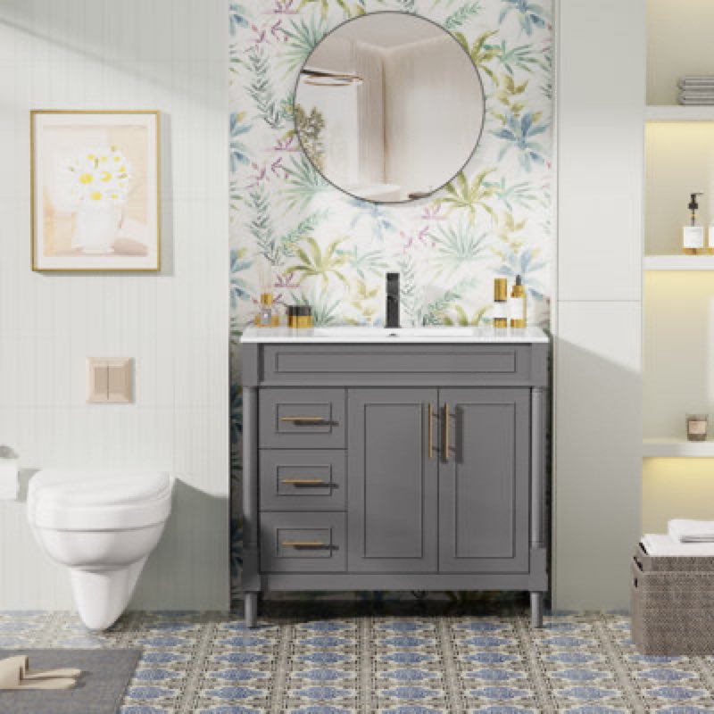 Everarda 36" Freestanding Bathroom Vanity with Ceramic Sink Top, Faucet, Classic Tapered legs Base Finish: Gray