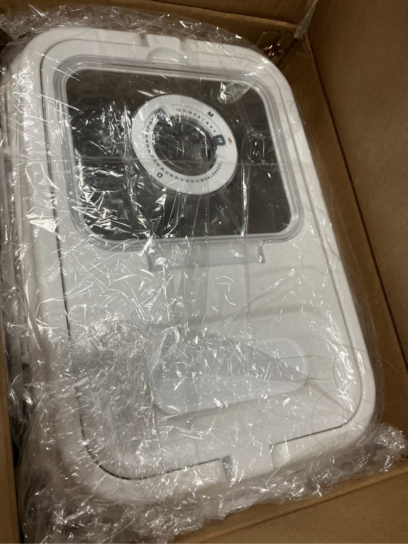 Condition photo showing As Is for 20Lbs Airtight Rice Container with Flip Lid, Stainless Steel Food Storage Container with Date Tracker, Measuring Cup and Spoon, 10L Portable Kitchen Pantry Bin for Flour Grain Sugar - Silver 10L Silver