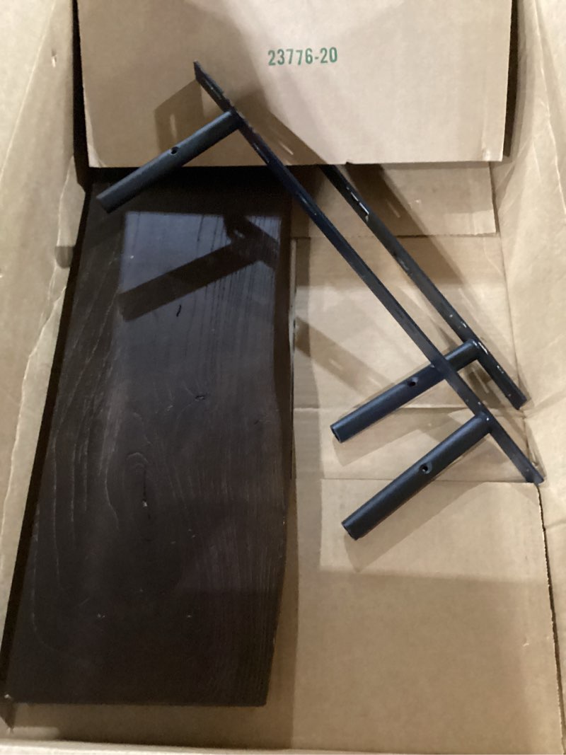 Condition photo showing As Is for only one****floating shelves set of 2, solid elm wood wall shelves 24 inch - invisible bracket mount for living room, bedroom, kitchen, bathroom - brown dark brown live edge, 24\"l, 2packs