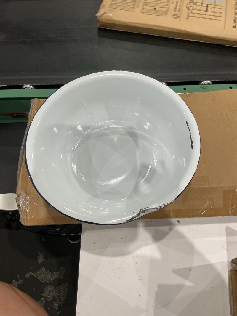 Condition photo showing As Is for ciieeo enamel bowl vintage enamel basin large mixing bowl white ware with blue rim metal nesting food bowl deep round tray retro ed noddle bowl 18cm