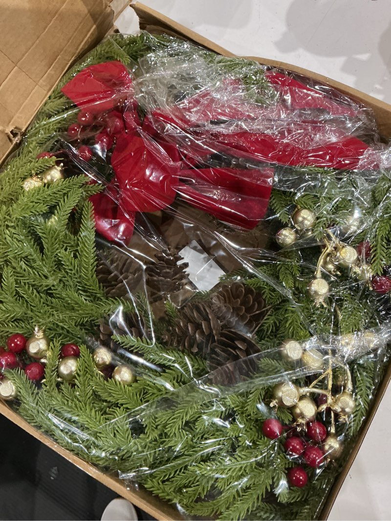 Condition photo showing Good Condition for 26" norfolk pine wreath, large greenery wreath for front door, green year round real touch artificial greenery wreath for wall porch rustic farmhouse home decor, with lights, red bow, ff10