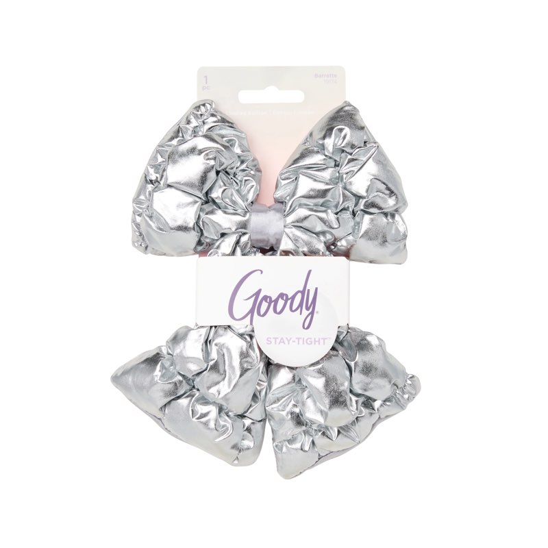 goody luxe puffer bow barrette, shimmery silver, stay-tight stylish hair clip, 1 count