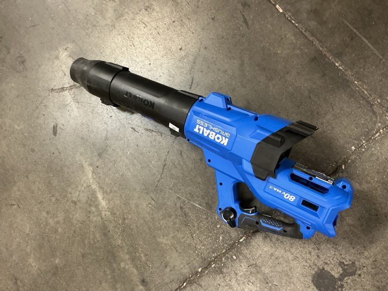 Condition photo showing As Is for kobalt 80-volt 700-cfm 180-mph battery handheld leaf blower battery not included charger not included