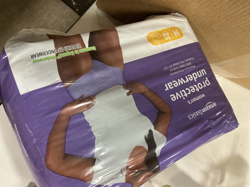 Condition photo showing Good Condition for Amazon Basics Incontinence Underwear for Women, Protective, Disposable, Postpartum, Maximum Absorbency, Medium, Lavender, 60 Count (3 Packs of 20) Medium 60.0