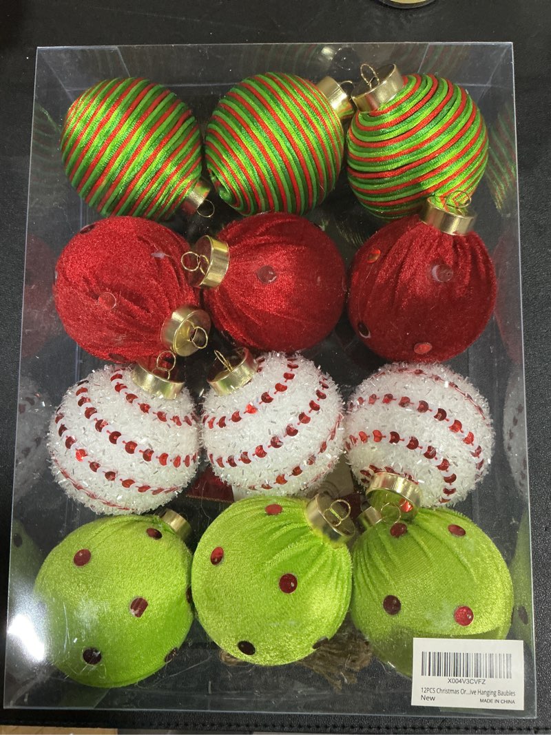 Condition photo showing New/Like New for 12PCS Christmas Ornaments Balls, 3.15" Red Green Velvet Shatterproof Christmas Tree Decorations with Sparkling Stripes and Dots, Holiday Party Decorative Hanging Baubles