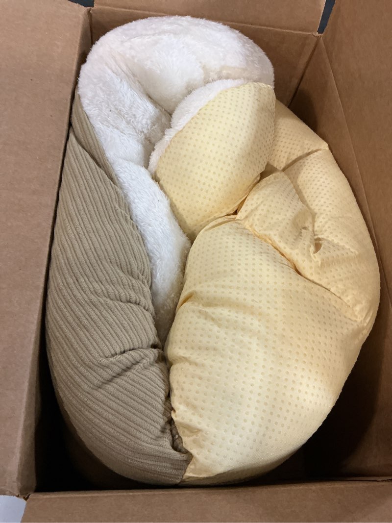 Condition photo showing Good Condition for bed for dog and cat, pet bed, ultra soft cute plush slipper cat cave bed, anti slip warm pet house nest, self-warming, ideal for indoor use - fits up to 25lbs (30"x22", l, light brown) large light brown