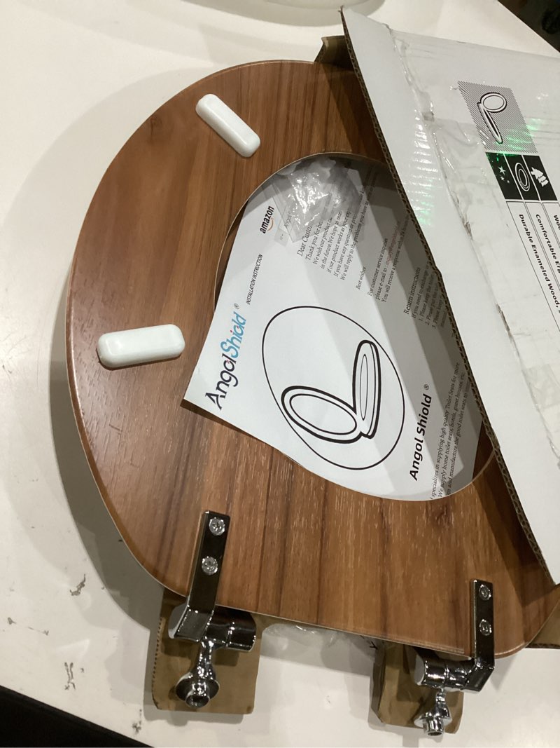 Condition photo showing As Is for round toilet seat molded wood toilet seat with zinc alloy hinges, easy to install also easy to clean, anti-pinch wooden toilet seat by angol shiold (round, natural) round - zinc alloy hinge natural