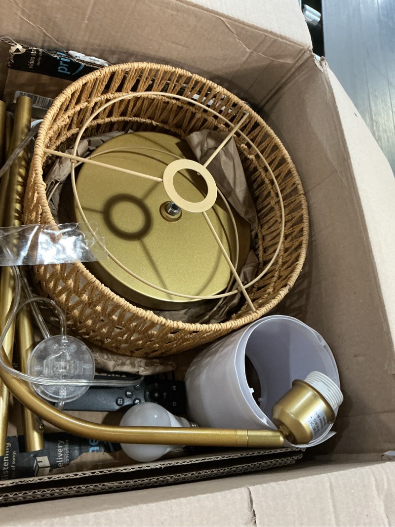 Condition photo showing As Is for Gold Floor Lamps- Boho Floor Lamp for Room, Rattan Standing Lamps with Dimmable Bulb, Adjustable 2-in-1 Lampshades Arc Floor Lamp Over Couch Lamps for Living Room, Bedroom, Office Cylinder-Gold