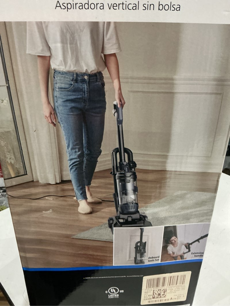 Condition photo showing As Is for mainstays upright bagless vacuum cleaner light weight with powerful suction (720 watts of power)* (light 8.3 ibs)*(3.8kg) total 1 l dust cup capacity 24ft (7.3m) cord (the item is incomplete)