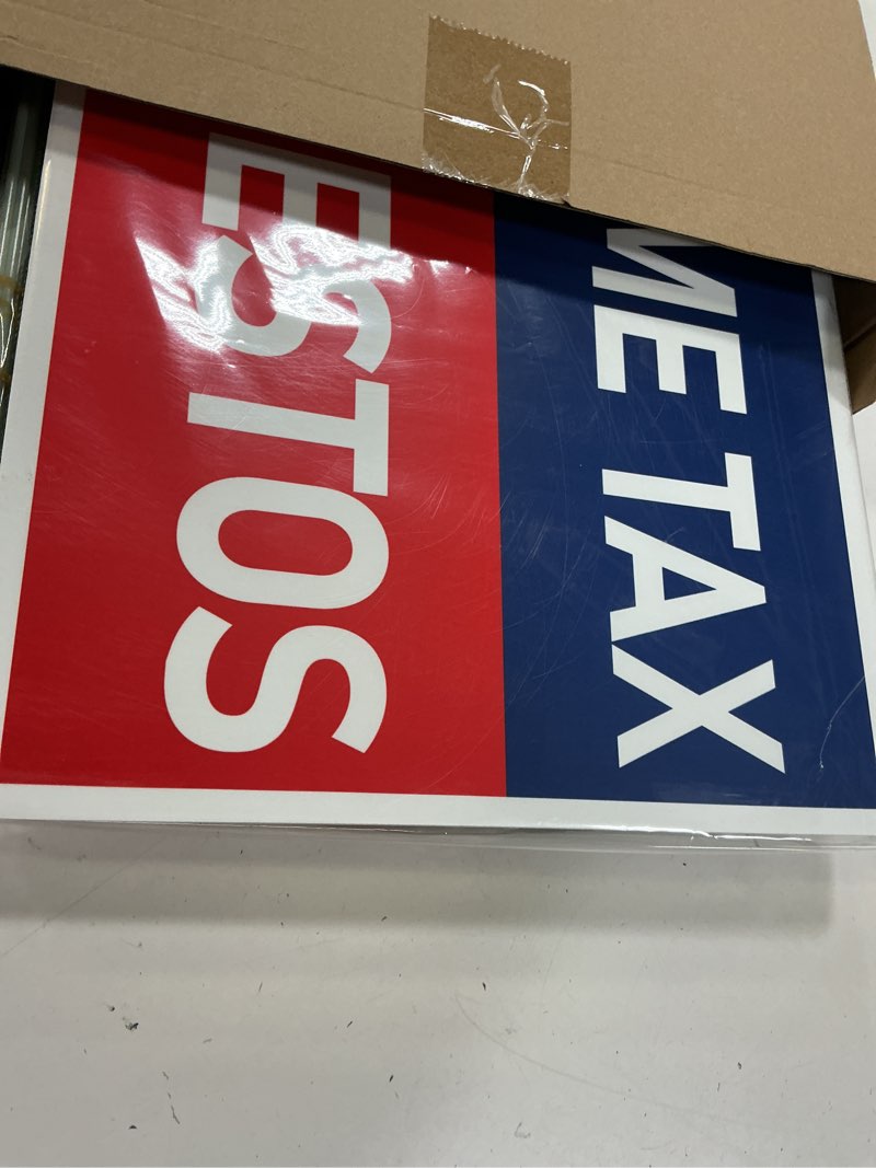 Condition photo showing New/Like New for 6 set financial services feather flag sign includes 7ft tall advertising banner and 5 income tax impuestos yard sign with ground stake for business promotion financial services tax