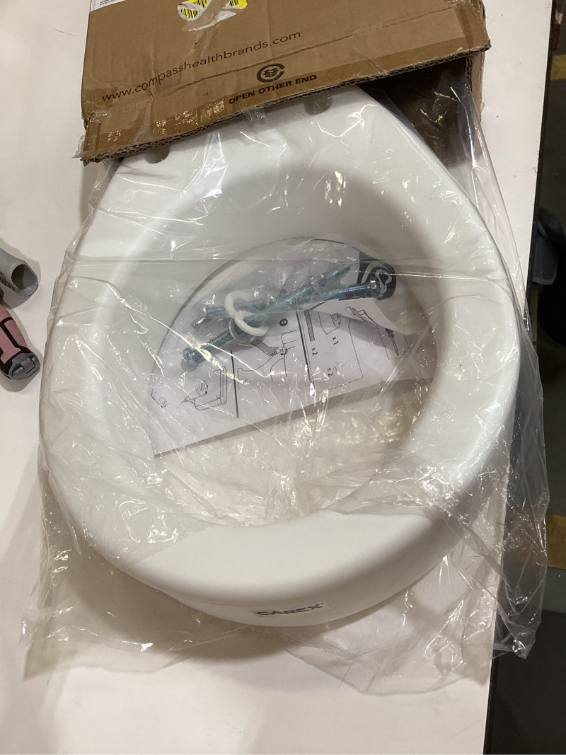Condition photo showing As Is for carex toilet seat riser, round raised toilet seat adds 3.5 inches to toilet height, for assistance bending or sitting, 300 pound weight capacity toilet riser
