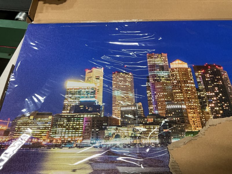 Condition photo showing New/Like New for JiazuGo Blue Boston Skyline Wall Art living Room,USA City Panoramic Canvas Print Pictures Artwork Night Scene Boston Downtown Cityscape Posters Bedroom, Office Decor,Large 20" x 40",Ready to Hang 39.8"L x 20.1"W Boston