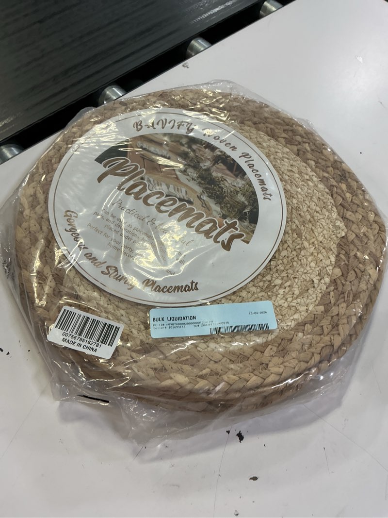 Condition photo showing New/Like New for 13 in round woven placemats plate chargers set of 6  boho farmhouse rustic place mats for dinner plates  rattan wicker braided table mats chargers for