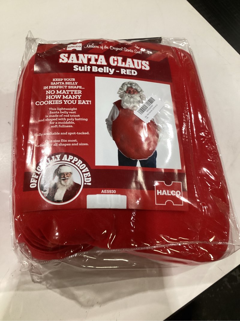 Condition photo showing New/Like New for Halco Santa Belly Stuffer Fat Suit Vest Claus Washable Satin Lightweight Tummy Pad Tie Closure Padding Adult Standard Red