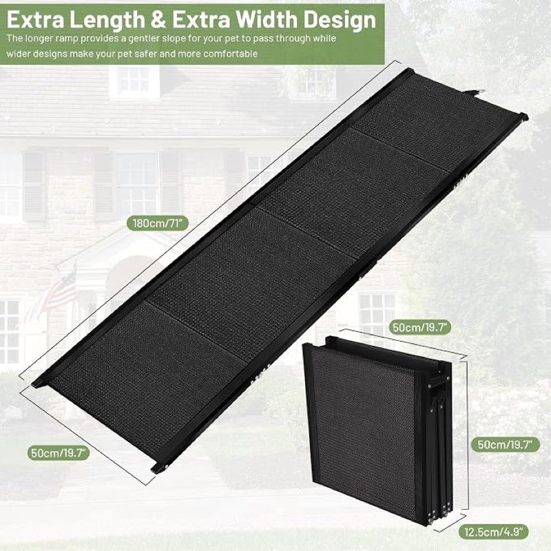 71”l*19.7”w extra wide & long dog ramp for car truck suv, portable folding pet ramps for small medium large dogs and cats, lightweight aluminum frame, supports up to 155 lbs