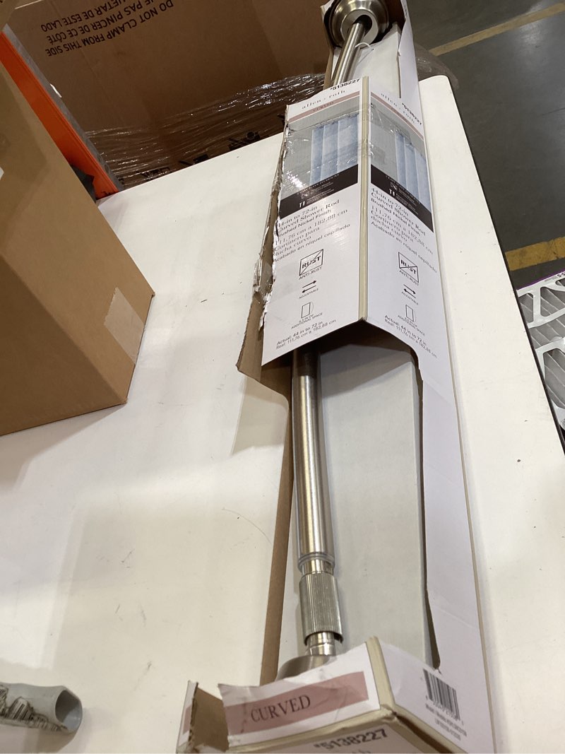 Condition photo showing As Is for allen + roth 44-in to 72-in brushed nickel fixed or tension single curve adjustable shower curtain rod