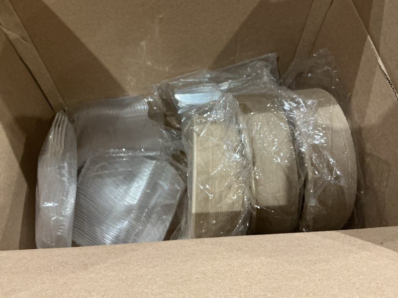 Condition photo showing New/Like New for 200pcs disposable dinnerware set, compostable sugarcane cutlery eco friendly tableware includes 50 biodegradable paper plates, forks, knives and spoons
