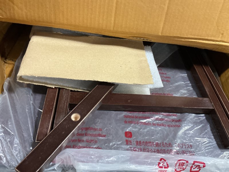 Condition photo showing As Is for Amazon Basics Classic Foldable TV Dinner Tray Table with Storage Rack, 14.6 L x 19 W x 26 H inch, Espresso, 4-Pack Espresso 4 Pack