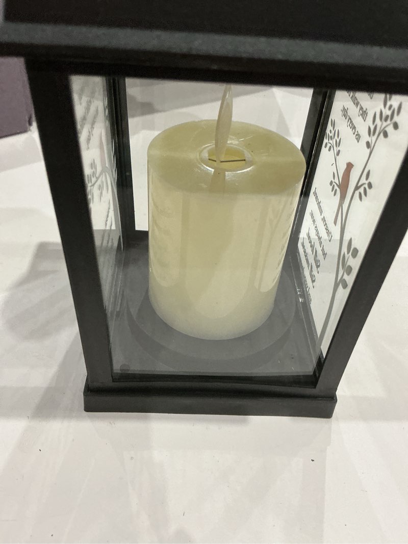 Condition photo showing As Is for memorial lantern with card - sympathy gift for loss of mom/dad/loved one, bereavement keepsake with flickering flame, memory lamp for funeral remembrance or celebration (black)
