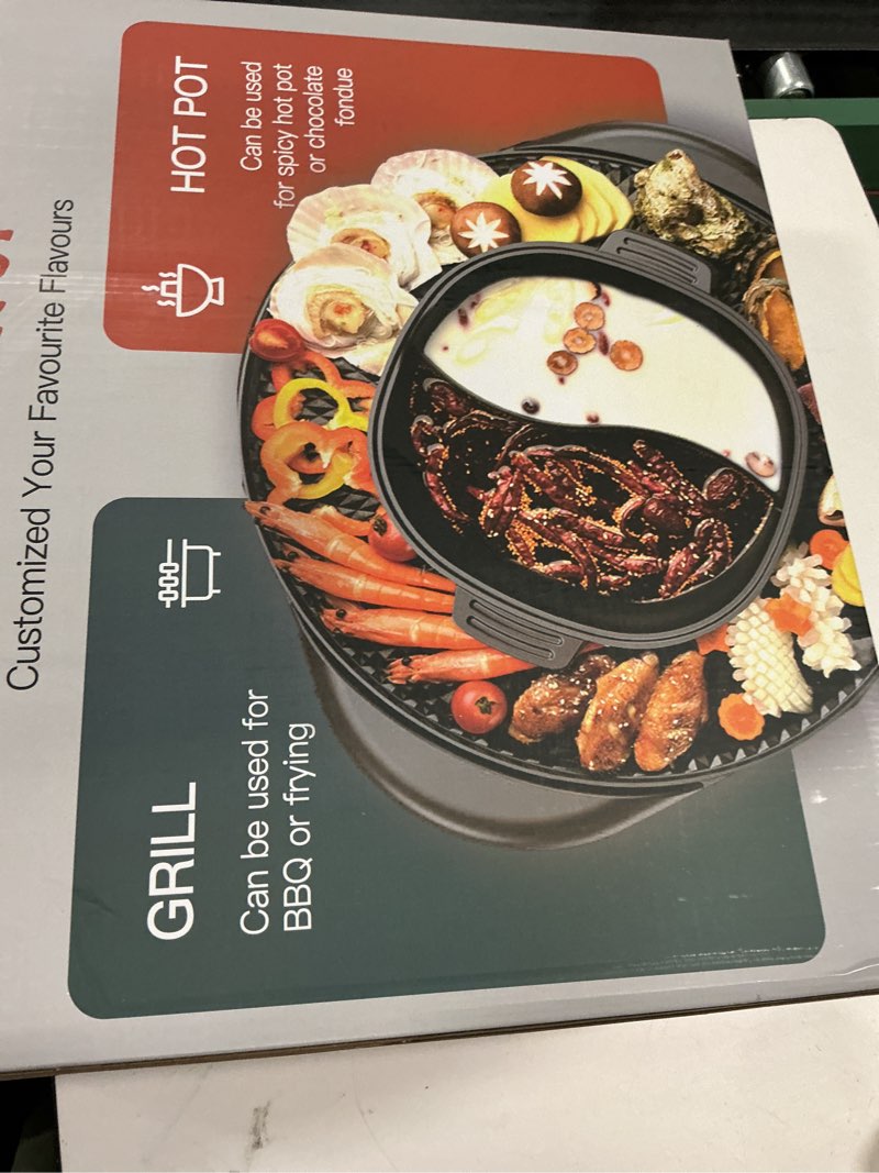 Condition photo showing New/Like New for 2 in 1 Hot Pot with Grill, Electric Korean BBQ Grill, Independent Dual Temperature Control & Non-stick Pan, Multi-function Smokeless Barbecue Grill for Family and Friends Gathering