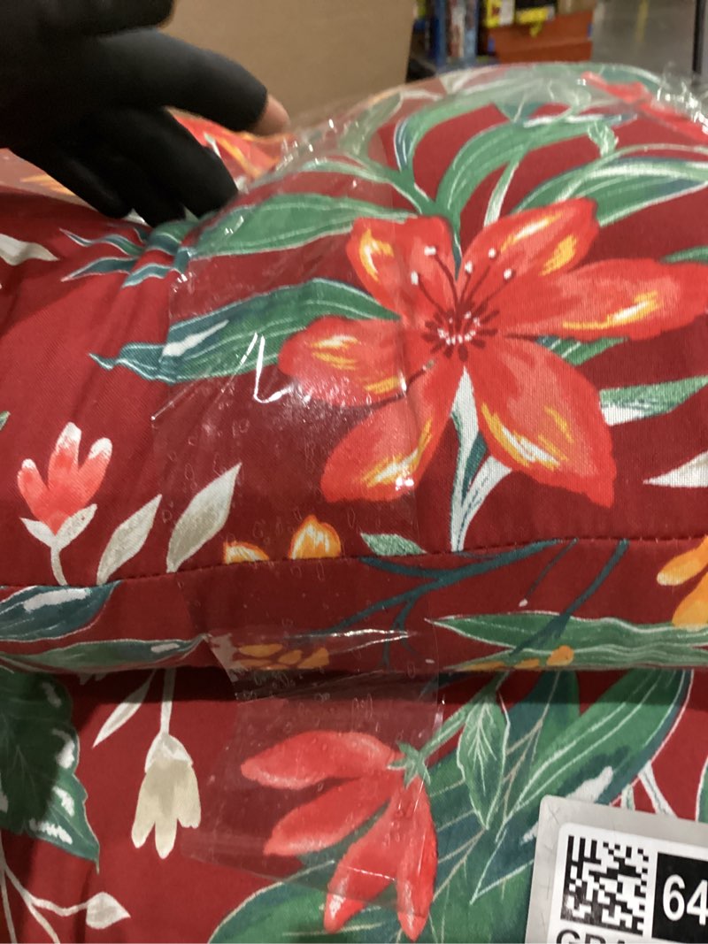 Condition photo showing New/Like New for Arden earthFIBER Plush Modern Tufted Polyfill Dining Chair Cushion, 21 x 40, Water Repellent, Fade Resistant Luau Red Tropical Floral 19 x 21 Modern Tufted Midback Cushion Luau Red Tropical Floral