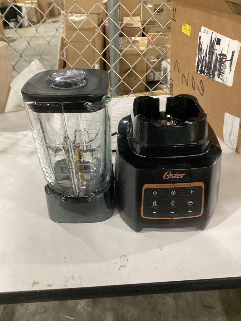 Condition photo showing As Is for not tested oster extreme mix blender, 64oz glass jar, 3 iblend preset functions, 1600-watts, 10-point blade stack with titanium coating & 24oz blend-n-go cup 1600 watts glass jar w/ cup