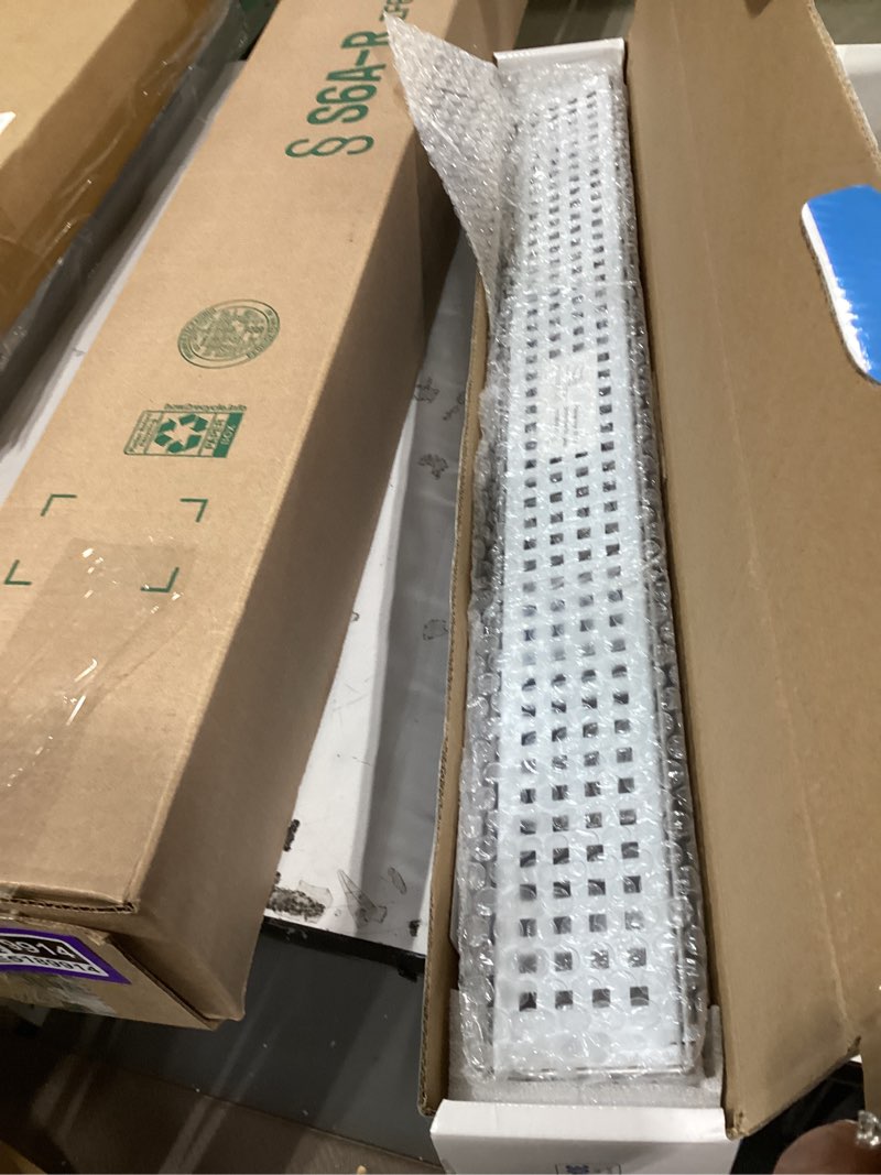 Condition photo showing Good Condition for sanitemodar 24 inch linear shower drain with removable square hole panel by using brushed 304 stainless steel process, linear drain equipped with adjustable feet and hair strainer stainless steel 24 inch