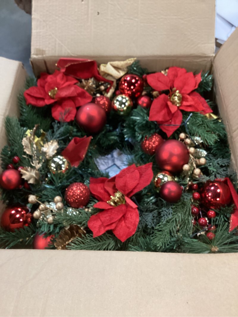Condition photo showing Good Condition for Pre-Lit Christmas Wreath for Front Door, 24 Inch Large Xmas Wreath for Holiday Decor, Battery Operated Xmas Lighted Wreath with Flower, Ball Ornaments & 20 LED Lights for Fireplace Window