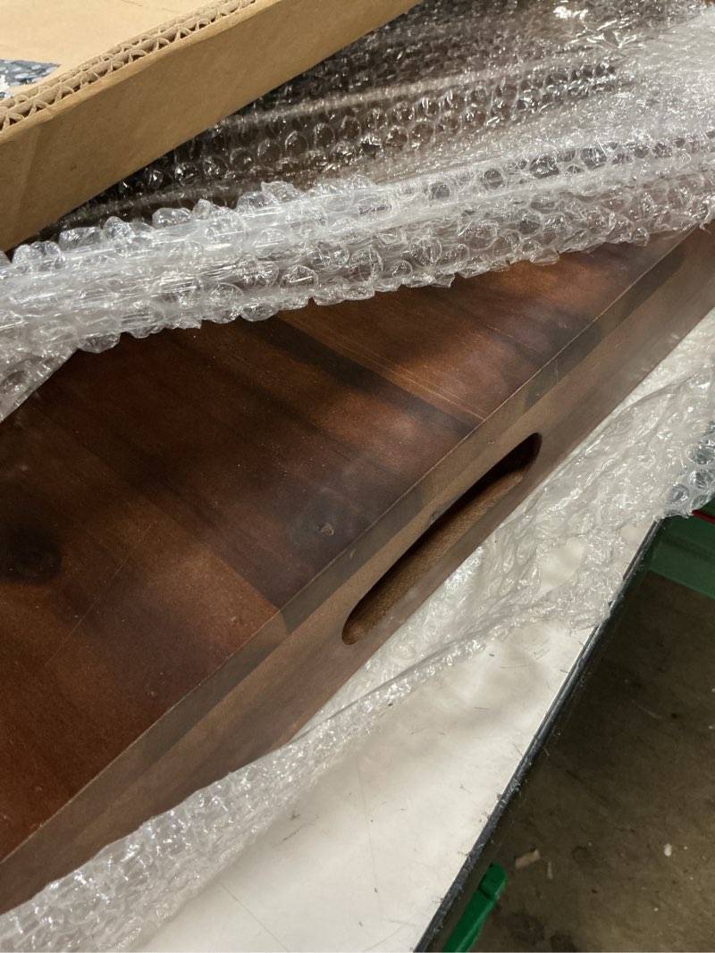 Condition photo showing As Is for 24 x 24 inch acacia wood square ottoman tray – large wooden tray for ottoman, extra large ottoman tray for living room, coffee table & decorative use (walnut color) 24" x 24" x 2.4" walnut