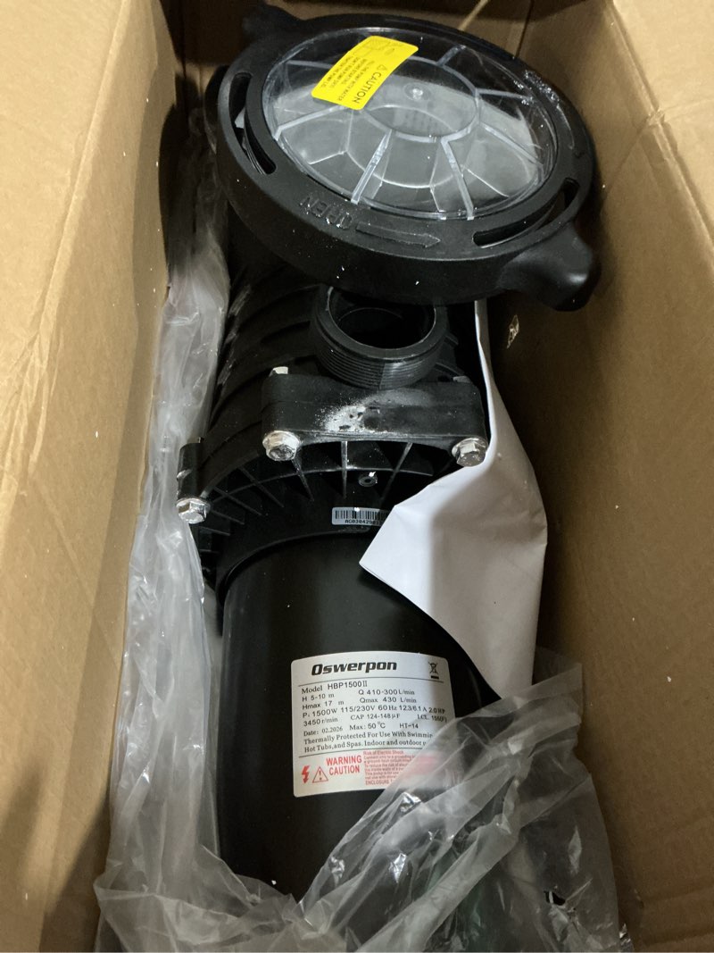 Condition photo showing As Is for 2hp above/in ground pool pump, 115v/230v 6900gph self priming | high flow energy efficient pure copper motor, 1.5", 2", and 1.25"-1.5" connectors, strainer basket & drain plug, dual voltage 2.0hp dual voltage