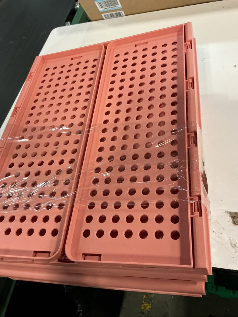 Condition photo showing As Is for SNSLXH 5 Pack Stackable Closet Organizer Box, Multifunctional & Foldable Closet Storage Basket for Bathroom Kitchen Laundry Room Wardrobe Storage, Space-Saving Clothes Storage Drawer Organizer, Pink Pink 5 Pack