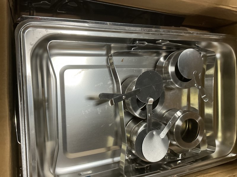 Condition photo showing As Is for vevor chafing dish buffet set, 8 qt 2 pack, stainless steel chafer with 2 full size pans, rectangle catering warmer server with glass lid water pan folding stand fuel holder, for wedding party banquet 2 packs full size pan silver