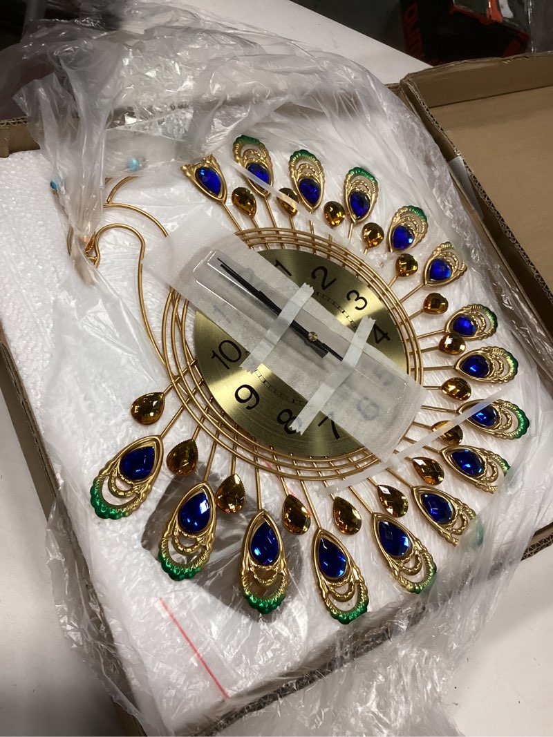 Condition photo showing Good Condition for FLEBLE Large Wall Clocks for Living Room Decor Gold Decoration Wall Clock Silent Battery Operated Non Ticking for Bedroom Kitchen 14 Inch Retro Peacock Crystal Wall Watch Quartz for Home Office Indoor 14inch