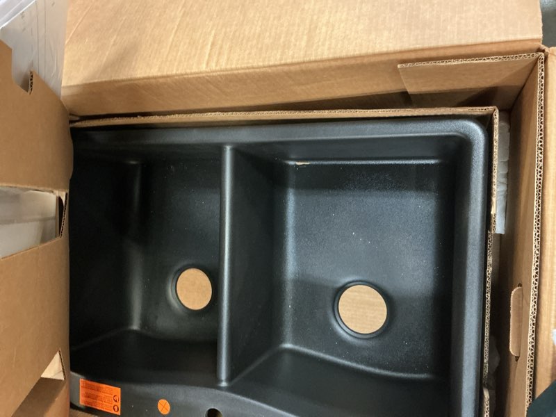 Condition photo showing Good Condition for kohler ealing dual-mount 33-in x 22-in matte black composite double equal bowl 2-hole kitchen sink all-in-one kit