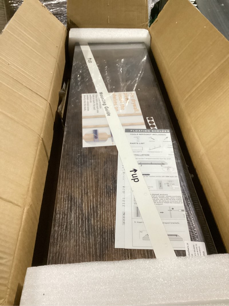 Condition photo showing New/Like New for bayka floating shelves, 36 inches long wall mounted rustic wood shelves for bathroom, bedroom, living room, kitchen, office, hanging shelf for books/storage/decor(rustic brown,set of 2) b. rustic brown - americana farmhouse style 36inches