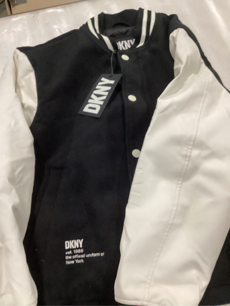 Condition photo showing Good Condition for DKNY Mens Wool Blend Varsity Bomber Small Black/White