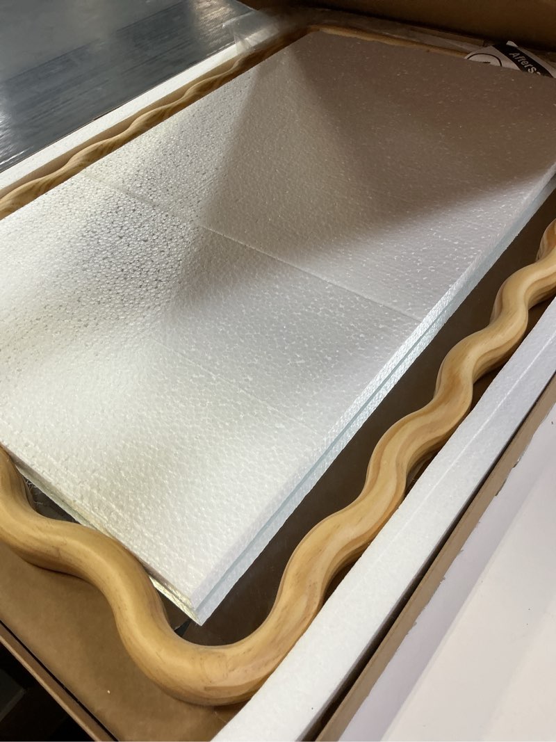 Condition photo showing Good Condition for LAWADA Wavy Mirror for Wall, 30"x20" Boho Bathroom Floor Vanity Mirror with Wooden Frame, for Bedroo