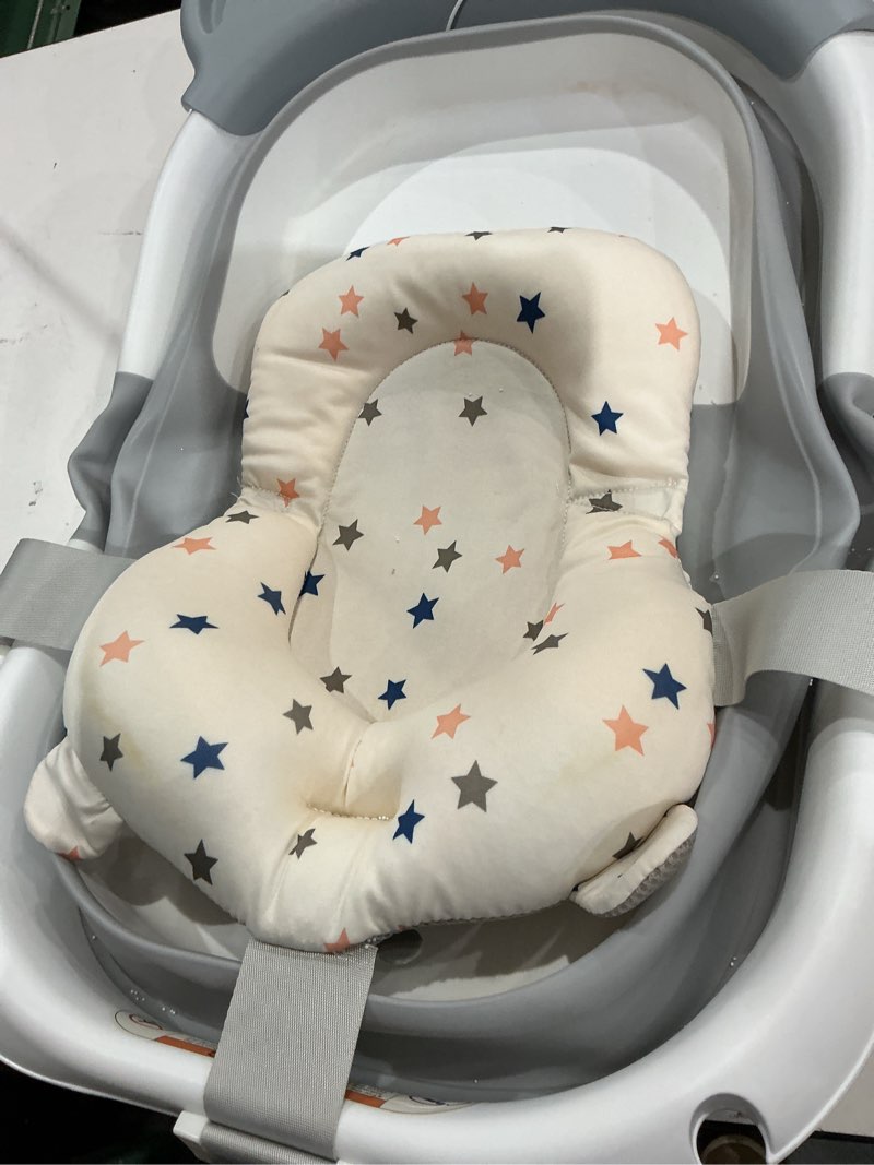 Condition photo showing As Is for morefeel collapsible baby bathtub for newborn with thermometer & 1 hooded towel & 1 soft floating cushion,portable travel bathtub with drain hole, durable foldable baby tubs for infants to toddler bear like grey