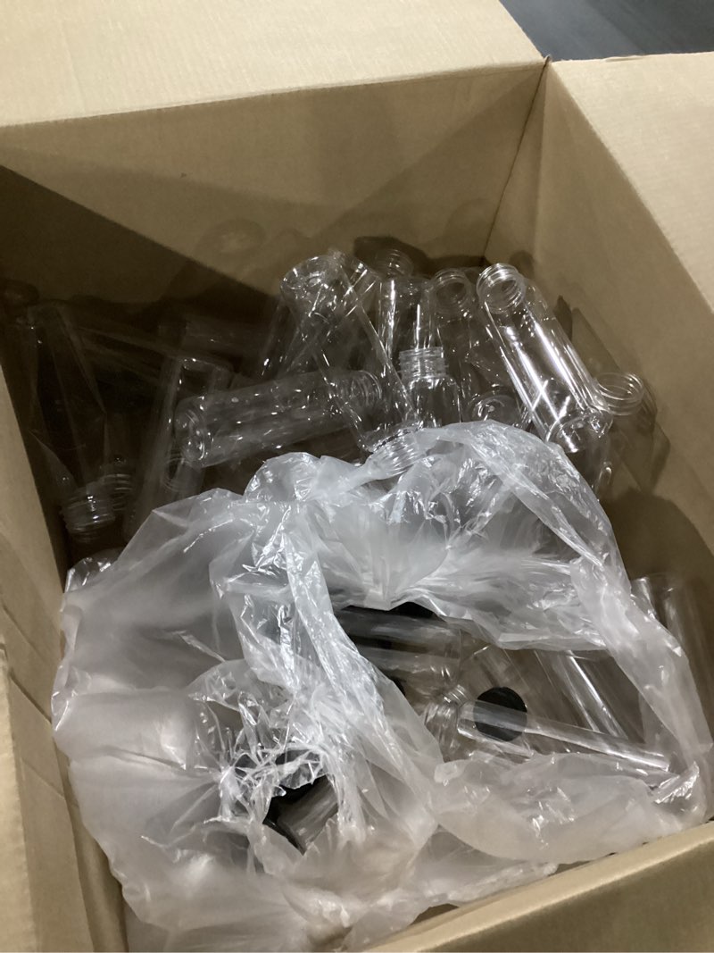 Condition photo showing As Is for 40pcs 12oz plastic juice bottles with caps, empty pet disposable plastic bottles, clear bulk drink containers with black tamper evident lids for juicing, drinking and other beverages 12 ounces