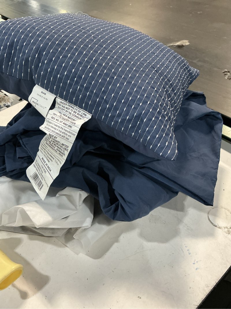 Condition photo showing As Is for mainstays soft touch bed in a bag 11-piece reversible blue floral comforter set with sheets, queen