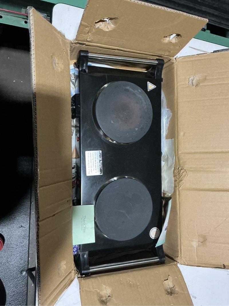 Condition photo showing Good Condition for 2000W Hot Plate,Portable Electric Stove Countertop Double Burners W/5 Level Temperature Control & Stay Cool Handles, Easy to Clean, Lightweight Cast Iron Electric Stove for RV/Home/Camp 110V Double Black 4272