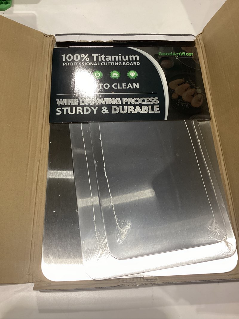 Condition photo showing New/Like New for titanium cutting boards set of 3, 100% pure titanium kitchen cutting board, double-sided non-toxic cutting board, ideal for slicing and dicing meats, features handle, dishwasher safe silver 16"l*10"w(s+m+l)