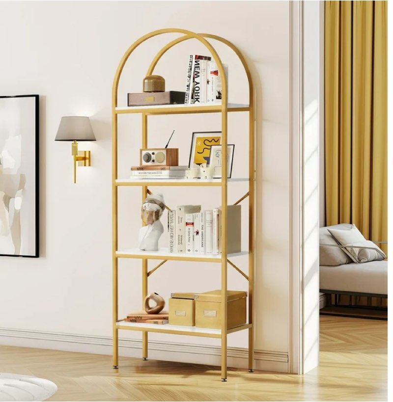 Dextrus 4 Tier Arched Bookshelf and Bookcase, Gold Modern Open Book Shelf, Mental Frame Storage Display Rack Shelves Organizer for Bedroom Living Room Office White& Gold