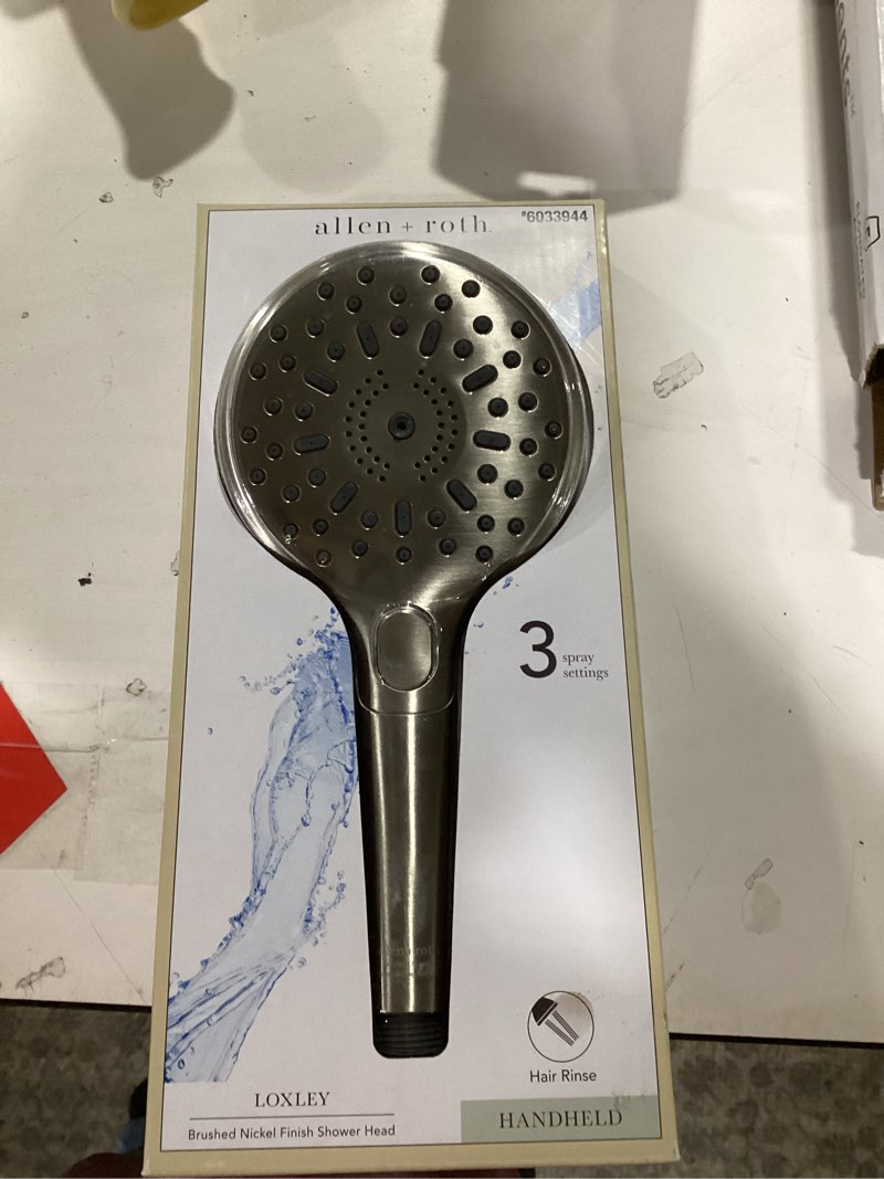Condition photo showing Good Condition for 100+ bought last week allen + roth LOXLEY 3 -Spray Brushed Nickel 4.7-in Handheld Shower Head 1.75 GPM