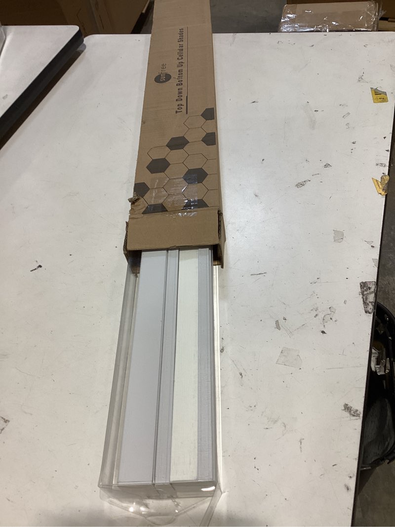 Condition photo showing As Is for sunfree top down bottom up cellular blinds,cellular shades blackout, honeycomb window shade for windows, 33" w x 64" h, white(light filtering) light filtering-white 33"w x 64"h