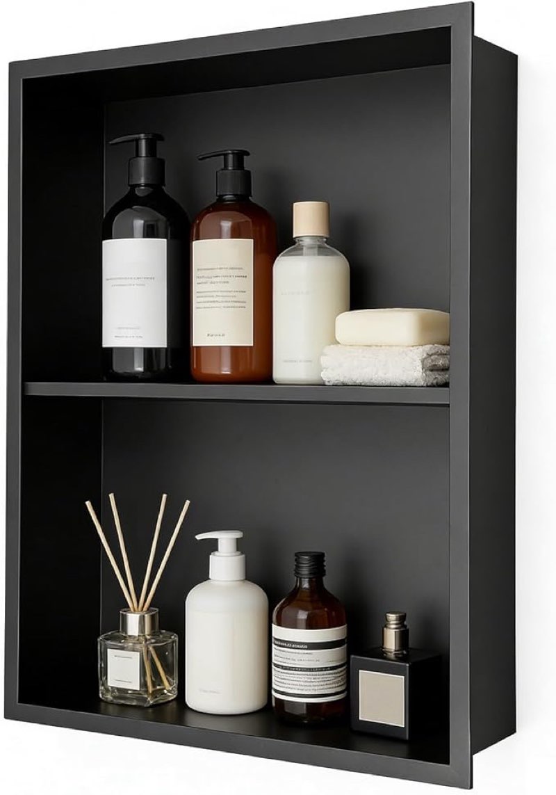 recessed shower niche, stainless steel wall niche with double shelves for bathroom storage 15\" x 19\" (inside 14\" x 18\") easy installation (black)(similar no same)