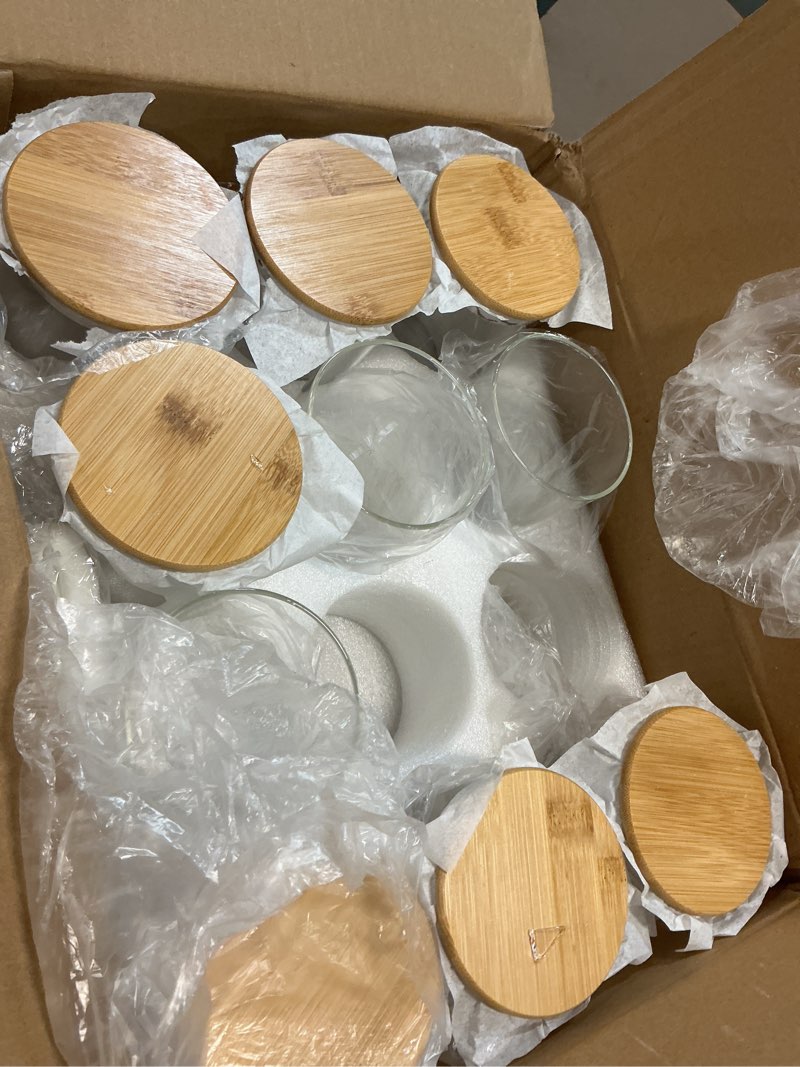 Condition photo showing As Is for Glass Jars with Bamboo Lids 20 oz, 12 Pcs Stackable Kitchen Glass Pantry Storage Containers with Airtight Bamboo Lids for Rice, Candy, Sugar, Flour, Nuts, Cookie, Bean 20 oz 12 pcs