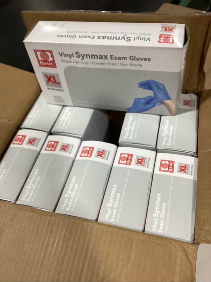Condition photo showing Good Condition for Similar product 10 boxes with100 gloves each Basic Synmax Vinyl Exam Gloves Disposable Exam Gloves, 4 Mil, Latex & Powder Free, BMPF-3004?Blue XL Size Case of 1000 X-Large of 1000 Disposable Safety Gloves