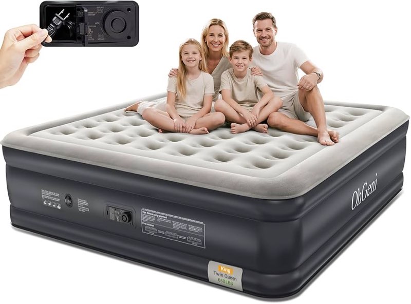 OhGeni King Air Mattress Family Choice Award with Built-in Pump,18'' Comfortable Blow Up Colchones I