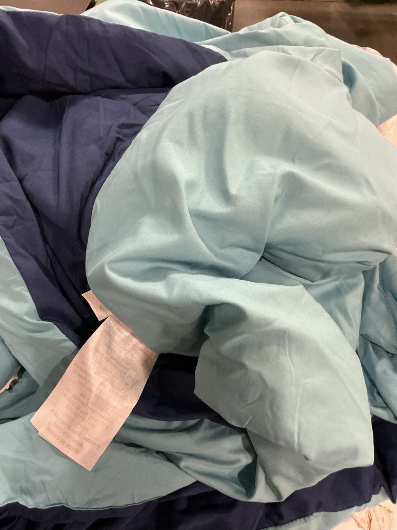 Condition photo showing As Is for (86”x92”) only 1 piece,truly soft everyday reversible 100% microfiber polyester dark blue/sky bluecomforter set, solid casual themed, adult bedding, oeko-tex certified